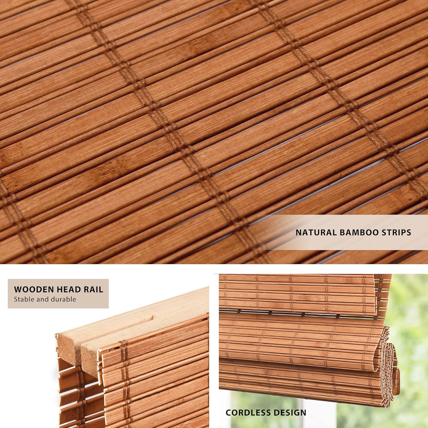 LazBlinds No Tools No Drill Cordless Bamboo Roman Shades, Light Filtering Window Treatment, Roll Up Bamboo Blinds for Windows 42'' W x 64'' H, Wood